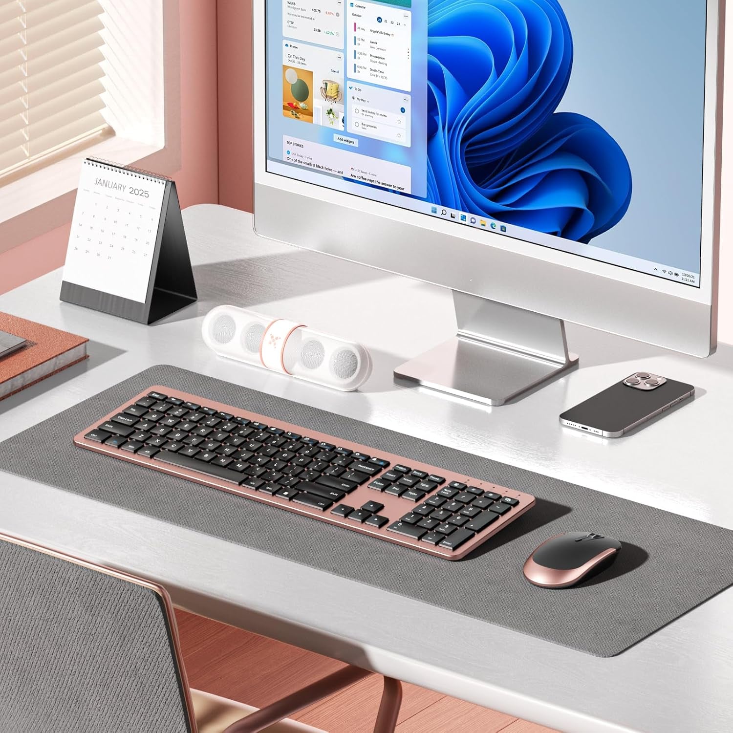 Rechargeable Wireless Keyboard Mouse Combo Full Size Cordless Keyboard & Mouse Sets with Build-In Lithium Battery Ultra Thin Quiet Keyboard Mice (Rose Gold & Black)